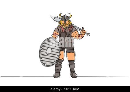 Continuous one line drawing norseman viking warrior raider barbarian wearing horned helmet with beard holding sword and shield on isolated white backg Stock Vector