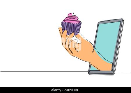 Single continuous line drawing hand holding cupcake through mobile phone. Concept of restaurant order delivery online food. Application for smartphone Stock Vector