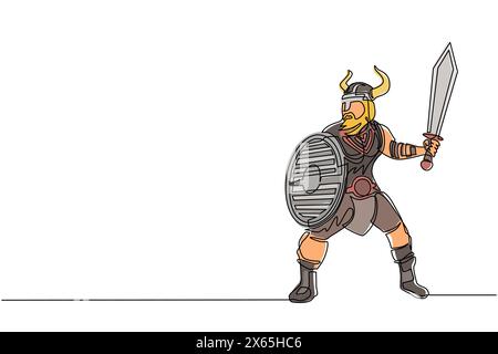 Continuous one line drawing big strong muscular orange warrior viking with sword and shield furiously attacks. Viking in horned helmet holding sword a Stock Vector