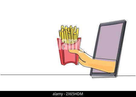 Single continuous line drawing hand holding french fries in paper box through mobile phone. Concept of restaurant order delivery online food. App for Stock Vector