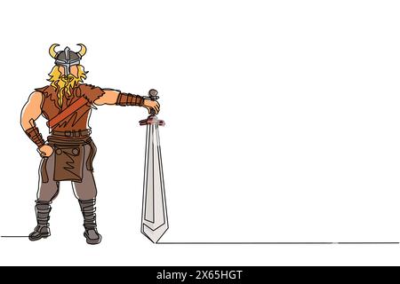 Single one line drawing male viking with strong physique and bellicose air stands holding sword. Norseman warrior wearing horned helmet with beard hol Stock Vector