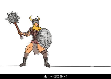Continuous one line drawing big strong muscular orange warrior viking with mace and shield furiously attacks. Viking in horned helmet holding mace and Stock Vector