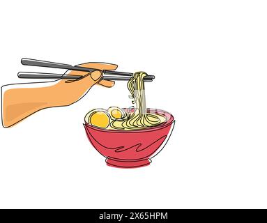 Single continuous line drawing hand drawn ramen soup in black bowl with male hand holding chopsticks. Japanese noodle. Asian traditional food. Dynamic Stock Vector