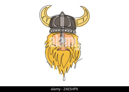 Single continuous line drawing head of bearded viking warrior with horned helmet. Vikings team logo. Sport label with viking illustration. Warrior in Stock Vector