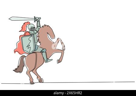 Single continuous line drawing medieval armed knight riding horse. Historical ancient military character. Prince with sword and shield. Ancient fighte Stock Vector