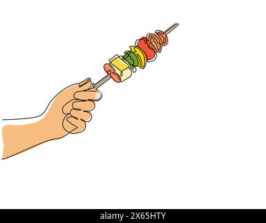 Continuous one line drawing human hand holding kebab. Hand holding skewers with roasted meat. Traditional food barbecue, steaks, kebab or shashlik. Si Stock Vector