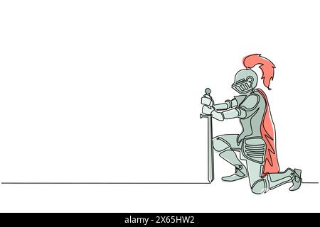 Single one line drawing medieval warrior kneeling and swearing allegiance. Knight in armor holding sword and giving oath on his knee. Modern continuou Stock Vector