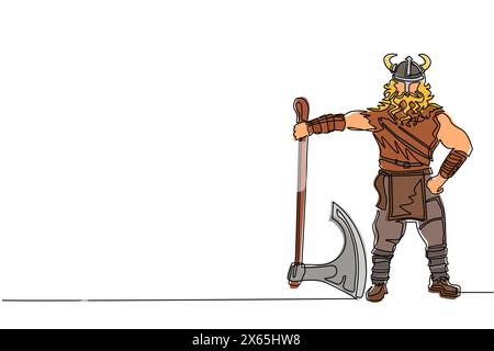 Continuous one line drawing male viking with strong physique and bellicose air stands holding axe. Norseman warrior wearing horned helmet with beard h Stock Vector