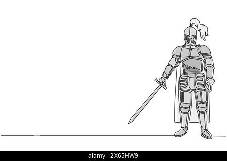 Single one line drawing medieval knight in armor, cape, helmet with feather. Warrior of middle ages standing, holding sword. Medieval heraldry symbol. Stock Vector