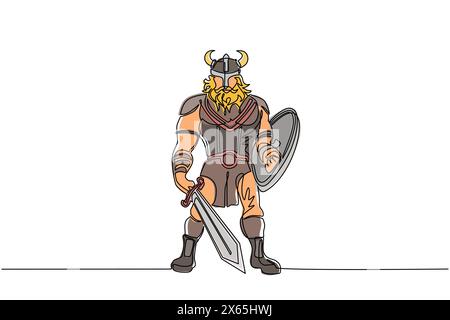Single continuous line drawing man warrior viking in horned helmet holding sword and shield. Cartoon character male with weapon standing in belligeren Stock Vector