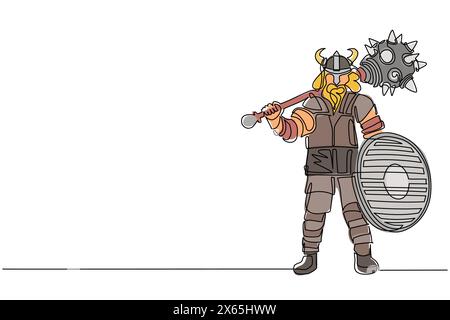 Single one line drawing norseman viking warrior raider barbarian wearing horned helmet with beard holding mace and shield on isolated white background Stock Vector