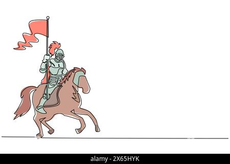 Single continuous line drawing medieval knight on horse carrying flag. Knight mounted in armor riding on horseback on horse holding flag. Ancient figh Stock Vector