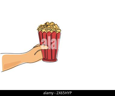 Single one line drawing hand holding popcorn. Human hands holding popcorn box. I love movie cinema icon. Watching movie concept in flat design style. Stock Vector