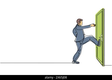 Single one line drawing businessman kicks door closed with his leg. Business and success. Aggressive business approach. Business struggles. Continuous Stock Vector