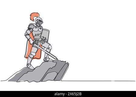 Single continuous line drawing medieval knight standing in armor, helmet holding shield and sword standing on top of mountain. Warrior of middle ages. Stock Vector