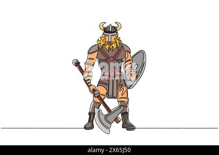 Continuous one line drawing man warrior viking in horned helmet holding axe and shield. Cartoon character male with weapon standing in belligerent pos Stock Vector