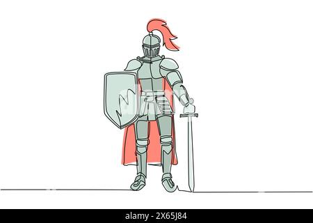 Continuous one line drawing medieval knight standing in armor and helmet holding shield and sword. Full body armor suit, European medieval knight char Stock Vector