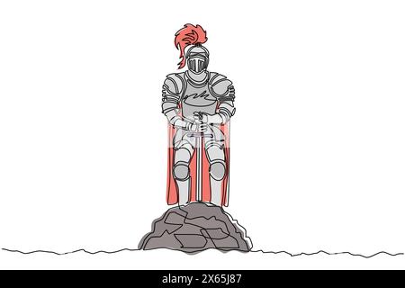 Single one line drawing medieval knight in armor, cape, helmet with feather. Warrior of middle ages standing and withdrawing Excalibur of the stone. M Stock Vector