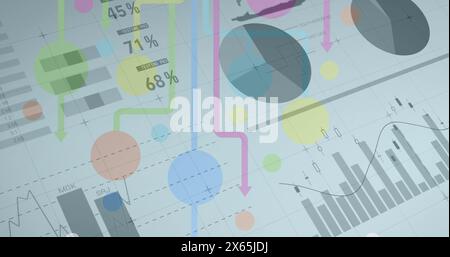 Image of statistics and data processing over colorful shapes on white Stock Photo
