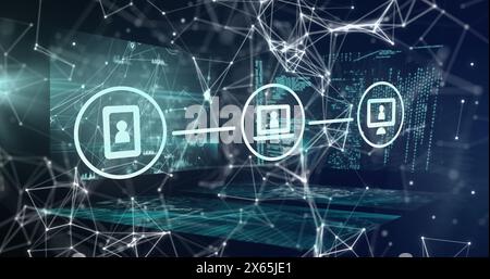Three digital icons with user profiles connecting over network Stock Photo