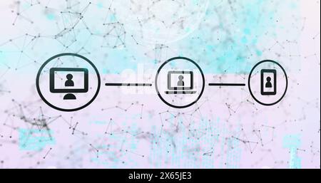 Three icons representing digital communication are floating over network background Stock Photo