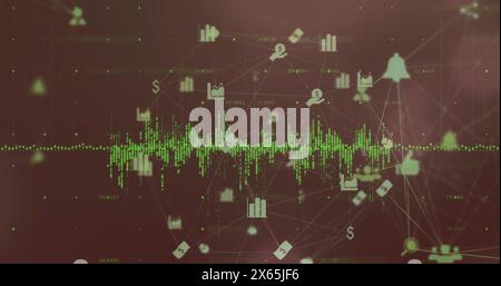 Image of networks of connections with icons over data processing Stock Photo