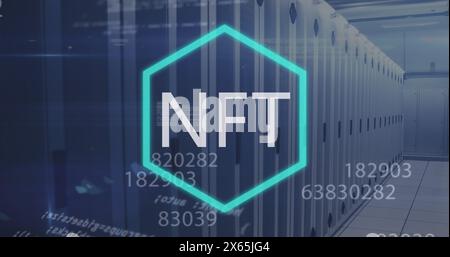 Image of financial data processing with nft text over computer servers Stock Photo