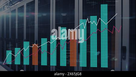 Image of statistical data processing and light spots against computer server room Stock Photo