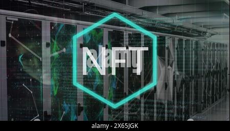 Image of nft text, data processing over computer servers Stock Photo