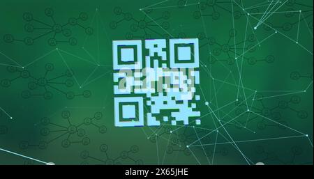 Glitch effect over a qr code scanner over network of connections against green background Stock Photo