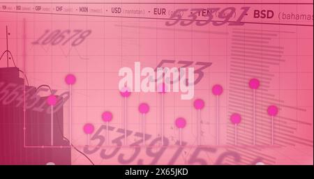 Image of changing numbers, statistical and stock market data processing against pink background Stock Photo