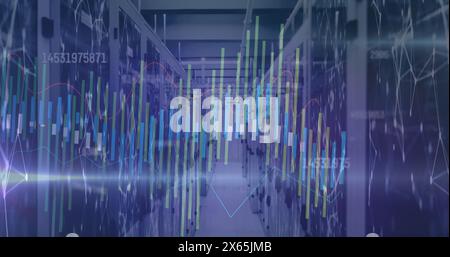 Image of changing numbers over graphs against connected dots on server room Stock Photo