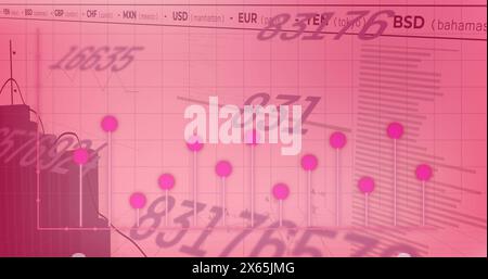 Image of changing numbers, statistical and stock market data processing against pink background Stock Photo