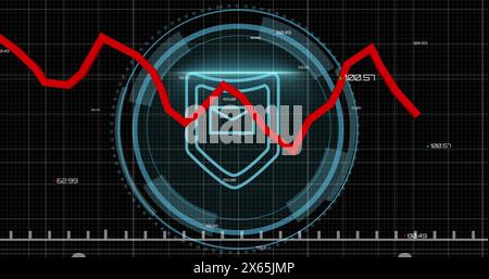 Image of red line, padlock and data processing over black background Stock Photo