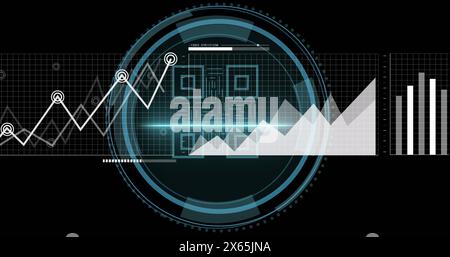 Image of statistical data processing over cyber security text and qr code on round scanner Stock Photo