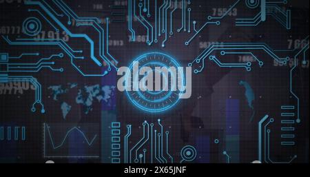 Image of round scanners, microprocessor connections against changing numbers and data processing Stock Photo