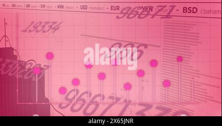 Image of changing numbers, statistical and stock market data processing against pink background Stock Photo