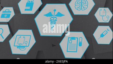 Image of multiple medical icons moving against textured grey background Stock Photo
