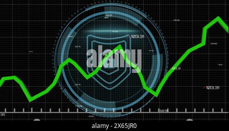 Image of statistical data processing over cyber security text banner and security padlock icon Stock Photo