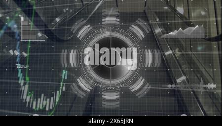 Image of round scanner and financial data processing against escalator Stock Photo