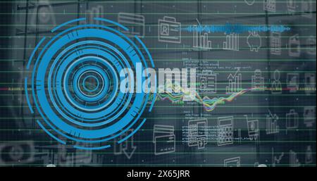 Image of round scanner, digital icons and data processing against time-lapse of people walking Stock Photo