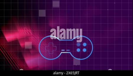 Imagegame controller icon over grid network against abstract shapes on purple background Stock Photo