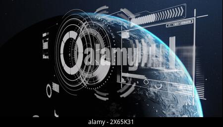 Image of data processing and globe over scope over globe Stock Photo