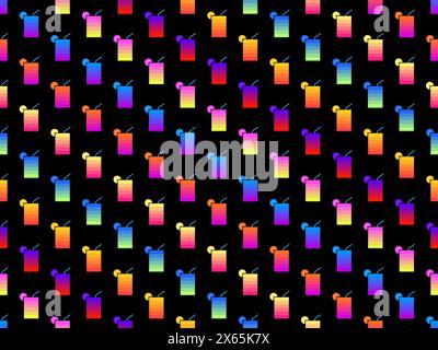 Glass with lemon and straw seamless pattern. Colorful striped glass with a slice of lemon and a straw. Design for wrapping paper, wallpaper and banner Stock Vector