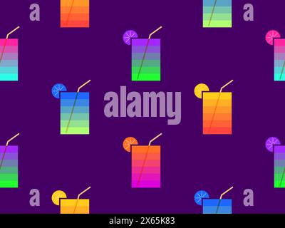 Glass with lemon and straw seamless pattern. Colorful striped glass with a slice of lemon and a straw. Design for wrapping paper, wallpaper and banner Stock Vector