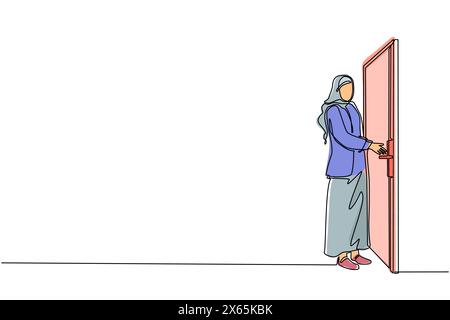 Single continuous line drawing Arabian businesswoman inserts key into keyhole which is on the door. Woman opens office room door with key. Success bus Stock Vector