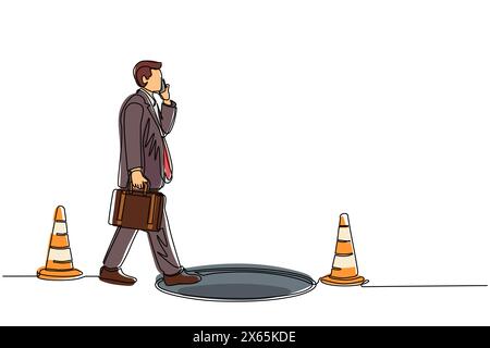Single one line drawing businessman talking on cell phone and he does not see the hole in front. Man walks to business trap. Metaphor. Modern continuo Stock Vector