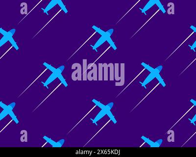 Seamless pattern with airplanes in flat style. View of airplanes from above. Flying silhouette of an airplane with a white trail. Design for wallpaper Stock Vector
