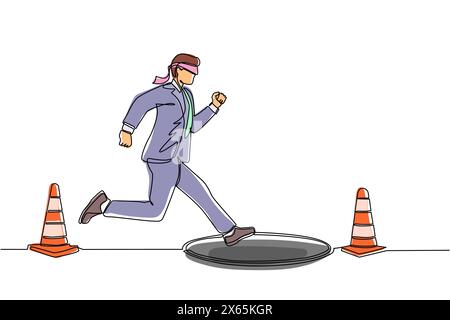 Continuous one line drawing blindfolded businessman running to find money with pit hole. Man runs to business trap. Blind investment concept. Metaphor Stock Vector