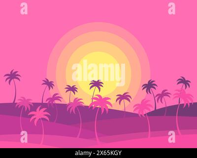 Landscape with silhouettes of palm trees at sunrise. Tropical landscape with palm trees in a minimalist style. Desert with sand dunes. Design for wall Stock Vector